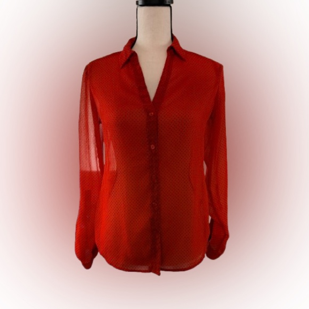 Vintage OutBack Red Sheer blouse-Red w/ Black Polka Dots-Size Small